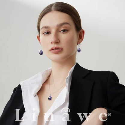 Linawe Crystal Jewelry Sets for Women, Imitation Diamond Pendant Necklace, Rhinestone Drop Dangle Earrings, Birthstone Cubic Zirconia Matching Wedding Jewelry, 14K Gold/Rose Gold/Silver Tones - color: Silver,Amethyst,Feb