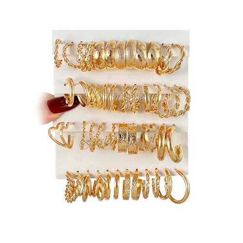 IFKM 24 Pairs Gold Hoop Earrings Set for Women Hypoallergenic Chunky Chain Twisted Open Hoops Dangle Earring Packs for Birthday Party Christmas Fashion Jewelry Gift - color: 24 Fashion gold