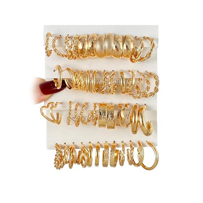 IFKM 24 Pairs Gold Hoop Earrings Set for Women Hypoallergenic Chunky Chain Twisted Open Hoops Dangle Earring Packs for Birthday Party Christmas Fashion Jewelry Gift - color: 24 Fashion gold
