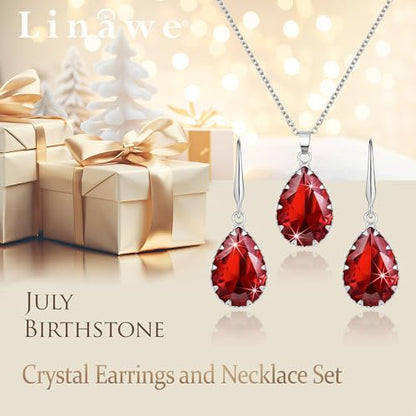 Linawe Crystal Jewelry Sets for Women, Imitation Diamond Pendant Necklace, Rhinestone Drop Dangle Earrings, Birthstone Cubic Zirconia Matching Wedding Jewelry, 14K Gold/Rose Gold/Silver Tones - color: Silver,Ruby,July