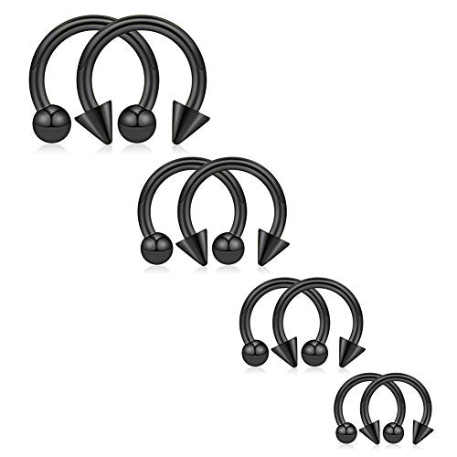 8PCS 12G Surgical Steel Nose Septum Horseshoe Hoop Earring Eyebrow Tragus Lip Piercing Ring Balls & Spikes 10-16mm - color: 8PCS - Black
