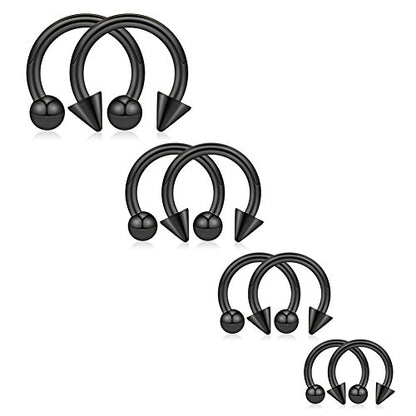8PCS 12G Surgical Steel Nose Septum Horseshoe Hoop Earring Eyebrow Tragus Lip Piercing Ring Balls & Spikes 10-16mm - color: 8PCS - Black