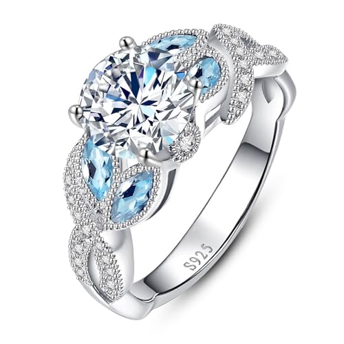 Yaresul 3.6ct 925 Sterling Silver Created Women's Rainbow Topaz|Sapphire|Aquamarine Ring Women Engagement Rings Bezel Setting Marquise Fashion Statement Ring Best Gift for Mother and Grandma Size 5-9 - color: Cubic Zirconia&Created Aquamarine