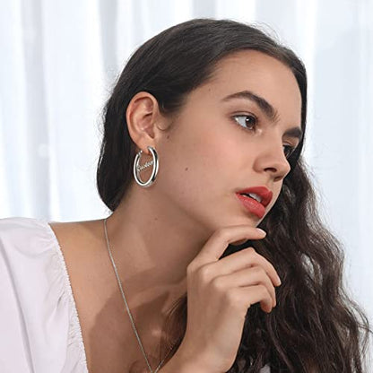 FindChic Hoop Earrings for Women, Silver/Black/14K Gold Plated Hypoallergenic Hollow Round Tube Loop Earrings, 20mm/30mm/40mm/60mm/80mm Chunky Hoops with Custom Name Options & Gift Box - color: e.Silver (Custom Name), size: 40MM