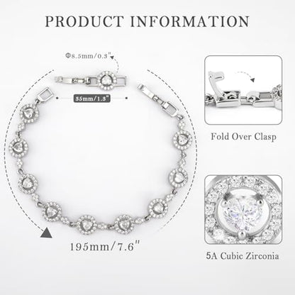 Tennis Bracelet for Women 14K Gold Plated Cubic Zirconia Bracelet,Classic Crystal Tennis Bracelet, Rhinestone Delicate Bracelet Gift for Her - style: Heart Cut-White