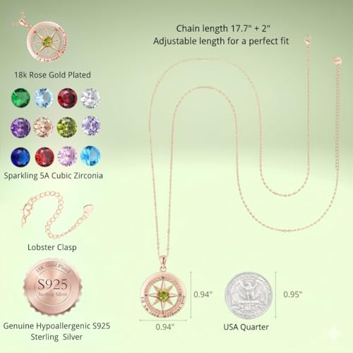 Compass Necklace for Women Wife Girlfriend Mom Daughter Gifts | S925 Silver Jewelry For Anniversary 18K Rose Gold Gifts For Birthday Christmas Mothers Valentines Day 12 Birthstones - style: 08-August-Rose Gold