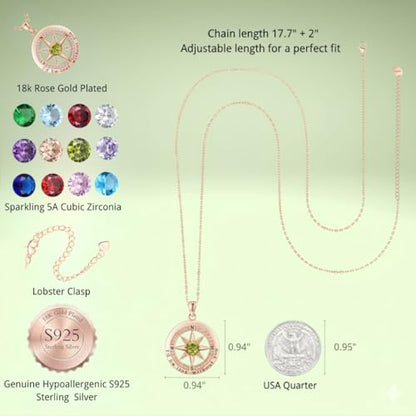 Compass Necklace for Women Wife Girlfriend Mom Daughter Gifts | S925 Silver Jewelry For Anniversary 18K Rose Gold Gifts For Birthday Christmas Mothers Valentines Day 12 Birthstones - style: 08-August-Rose Gold
