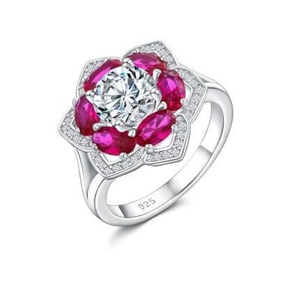 Flower Engagement Promise Ring Sterling Silver Birthstone Rings for Women Sapphire/Emerald/Ruby Gemstone Six Leaf Clover Statement Cocktail Ring Size 6 to 10 - style: 07. July-Created Ruby