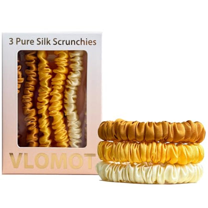 VLOMOT 3 Pcs Set 100% Pure Mulberry Silk Hair Scrunchies (Yellow) | Silk Hair Ties for Thin Hair with 3 Chic Colors Everyday Skinny Scrunchies Silk Ponytail Holders Hair Care No Damage - color: Yellow