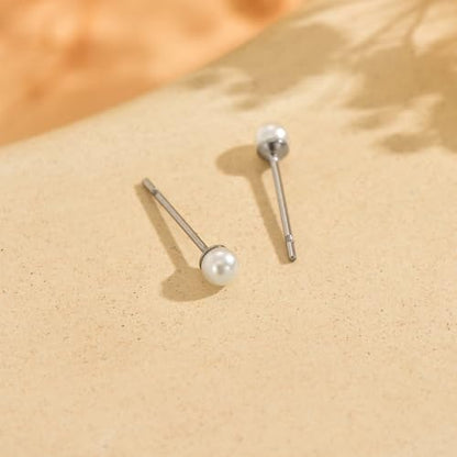 Pearl Stud Earrings for Women Gold/Silver Plated 3mm 4mm 5mm 6mm 8mm Pearl Earrings Dainty Hypoallergenic Earrings - color: White Gold, size: 3 Millimeters