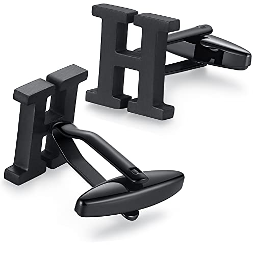 HONEY BEAR Initial Letter Cufflinks for Men Wedding Business | Personalized, Tarnish-Resistant, Steel-Plated Copper Base, Gift Box, for Groomsmen, Father, Husband, Anniversary - style: H Black
