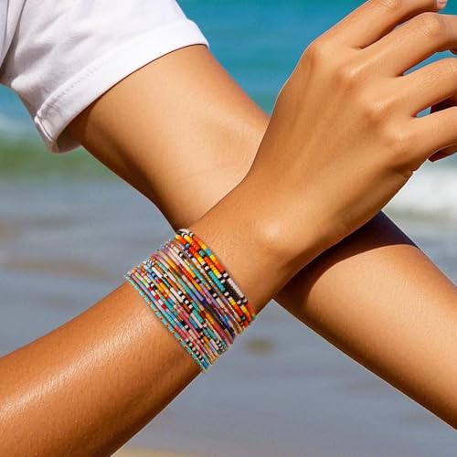 Seed Beaded String Rope Adjustable Bracelets Set for Women Men, Small Colorful Boho Rice 3Pcs Stack Handmade Thin Jewelry, Daily Beach Vacation Friendship Gift - color: Pink Yellow D