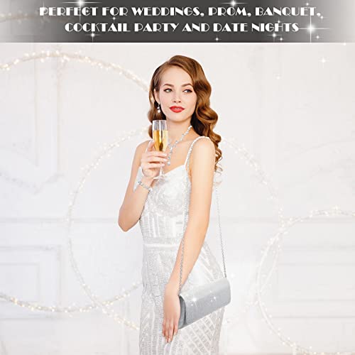 4 Pcs Silver Clutch Purse Jewelry Set for Women Rave Accessories Evening Rhinestone Purse Silver for Bride Wedding - style: Elegant Style