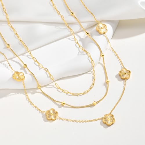 MPRAINBOW Gold Layered Necklace for Women - 3Pcs 18K Gold Plated Floral Necklaces, Stainless Steel Stackable Cuban Link Chain Non Tarnish Trendy Jewelry, Herringbone Chains Christmas Birthday Gifts - color: Gold 01