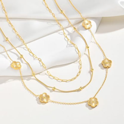 MPRAINBOW Gold Layered Necklace for Women - 3Pcs 18K Gold Plated Floral Necklaces, Stainless Steel Stackable Cuban Link Chain Non Tarnish Trendy Jewelry, Herringbone Chains Christmas Birthday Gifts - color: Gold 01