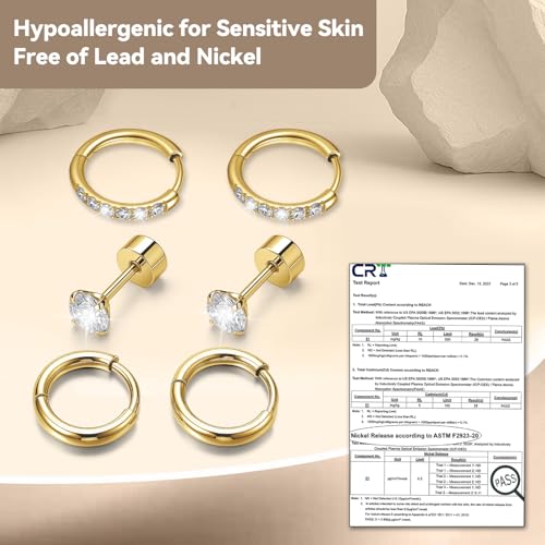 Silver/Gold Stud Hoop Earrings:Hypoallergenic Surgical Stainless Steel Small Cartilage Huggie Hoop Earrings Flat Back Earrings Screw Back and Flatback Stud Earrings for Women Multiple Piercing Sensitive Ears - style: Gold-(8mm+8mm)hoop earrings+4mm cz stu