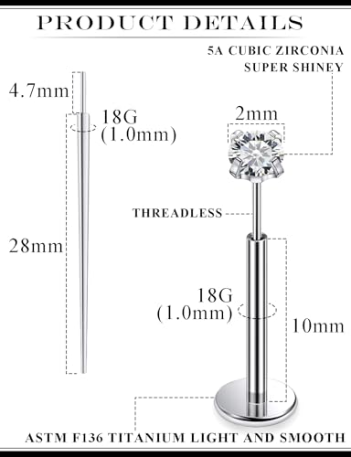 20G 18G 16G F136 Titanium Threadless Flat Back Earrings Nose Studs Tragus Forward Helix Conch Cartilage Lobe Earrings Medusa Labret Snake Bite Monroe Lip Ring Piercing Jewelry For Women Men - size: 18G-10MM Bar-CZ 2MM