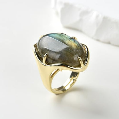 Natural Stone Adjustable Finger Rings Semi Precious Oval Shaped Gemstone Jewelry For Women Anniversary Birthday Wedding Gift - color: Grey Labradorite