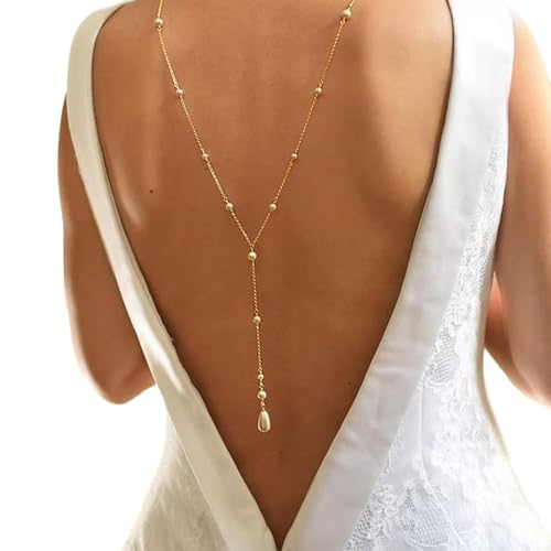 Long Pearl Bead Back Chain Necklace for Backless Dress Bridal Wedding Pearl Backdrop Festival Body Chain Jewelry for Women - color: Gold