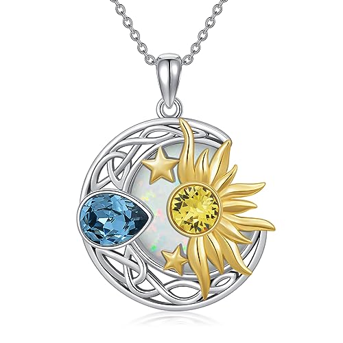 AOBOCO 925 Sterling Silver Moon Sun Star Necklace Celtic Jewelry for Women Girls - color: Silver&Gold&White Opal
