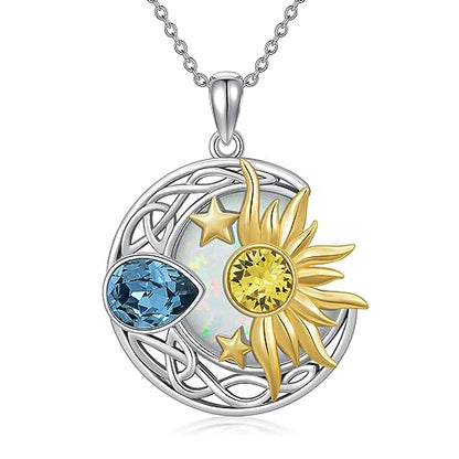 AOBOCO 925 Sterling Silver Moon Sun Star Necklace Celtic Jewelry for Women Girls - color: Silver&Gold&White Opal