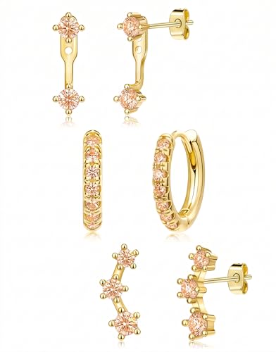 3 Pairs Dainty Small Earrings Set for Women Trendy, Birthstone Stud Huggie Hoop Jacket Stack for Cartilage Helix, Gold Plated Hypoallergenic Cute Women Fashion Accessories Western Jewelry Gifts - color: 11Champagne-Nov (Gold)
