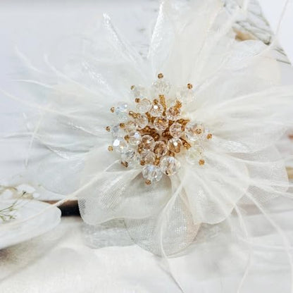 4" Crystal Feather Flower Brooch Pin for Women Girls Dainty Bright Satin Rhinestone Floral Brooches Lapel Hair Pins Elegant Wedding Cocktail Prom Party Hat Bag Suit Clothing Dress Accessories Jewelry Gift - color: White