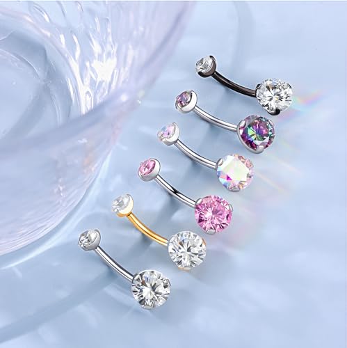 Solid Titanium Belly Button Ring,14G Hypoallergenic Silver Belly Rings,Internally Threaded 10mm Belly Piercing Jewelry,Round CZ Navel Rings,14G Belly Button Rings for Women Men - color: B-wt