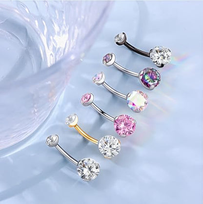 Solid Titanium Belly Button Ring,14G Hypoallergenic Silver Belly Rings,Internally Threaded 10mm Belly Piercing Jewelry,Round CZ Navel Rings,14G Belly Button Rings for Women Men - color: B-wt