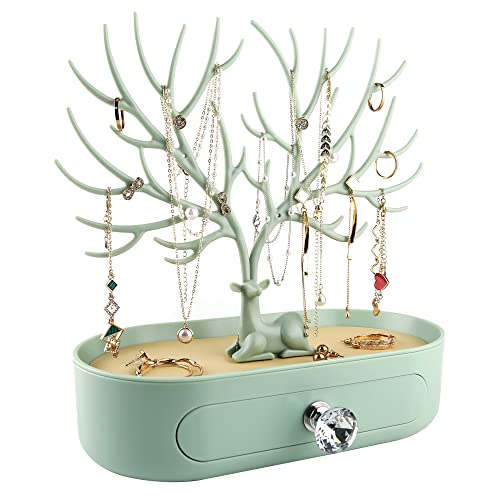 MORE&LESS Antlers Jewelry Display Stand with Drawer and Crystal Handle, Tree Tower Rack Hanging Organizer for Ring Earrings Necklace Bracelet - color: C Matcha Green-Drawer-Crystal Handle