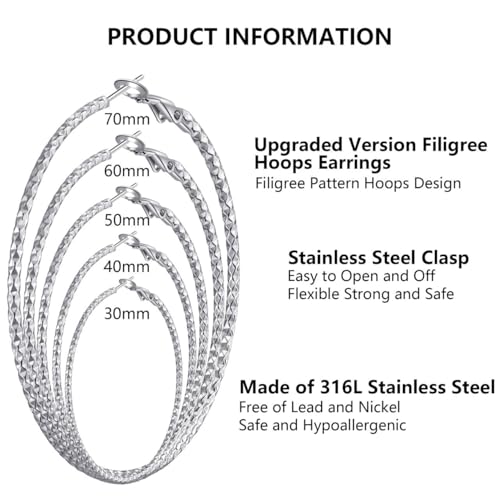 4/10 Pairs Stainless Steel Gold Silver Plated Hoop Earrings Hypoallergenic Dainty Big Small Hoops Earrings Set for Women - color: 5 Pairs Silver Plated Filigree Hoop Earrings Set