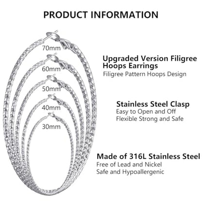 4/10 Pairs Stainless Steel Gold Silver Plated Hoop Earrings Hypoallergenic Dainty Big Small Hoops Earrings Set for Women - color: 5 Pairs Silver Plated Filigree Hoop Earrings Set
