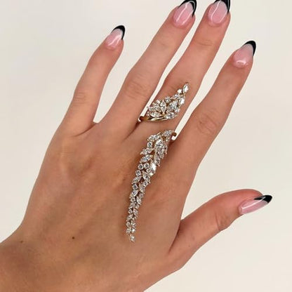 Rhinestone Finger Ring for Women Sparkly Crystal Butterfly Flower Leaf Adjustable Statement Chain Rings Punk Jewelry - color: gold leaf