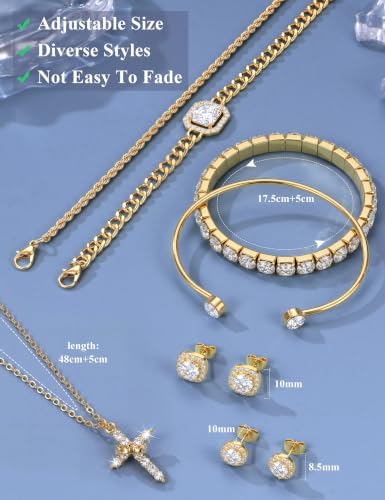 Jewelry Set for Women, 7 Pcs Necklace Earrings Bracelet Set | Crown Cross Necklace,CZ Stud Earrings,Layered Bracelets,Accessories,Adjustable Jewelry,Wedding and Daily Wear,Gold & Silver - color: GOLD