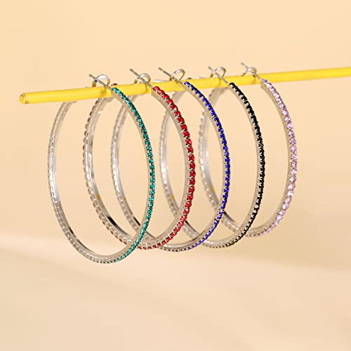 925 Sterling Silver Earrings Large Rhinestone Hoop Earrings Big Cubic Zirconia Hoop Earrings Thin Rhinestones Round Hoop Earrings for Women 20/30/40/50/60/70mm Sparkly Hoops With Crystals for Womens - color: green,50mm