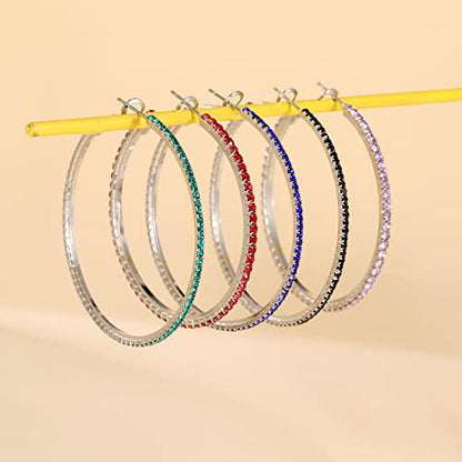 925 Sterling Silver Earrings Large Rhinestone Hoop Earrings Big Cubic Zirconia Hoop Earrings Thin Rhinestones Round Hoop Earrings for Women 20/30/40/50/60/70mm Sparkly Hoops With Crystals for Womens - color: green,50mm
