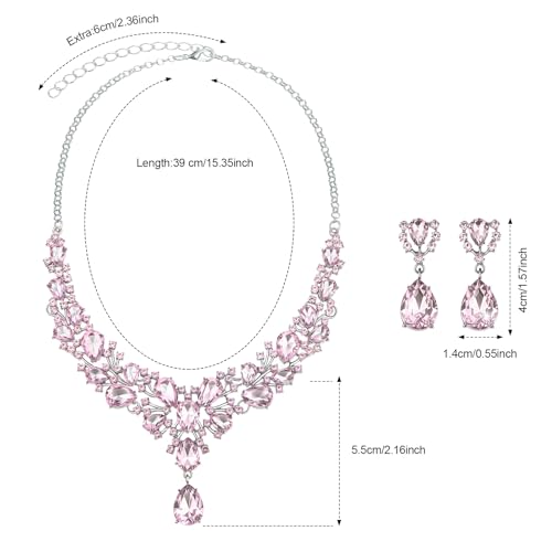 Hicarer Bridal Teardrop Cluster Crystal Jewelry Set for Women Necklace Earrings Wedding - color: Pink