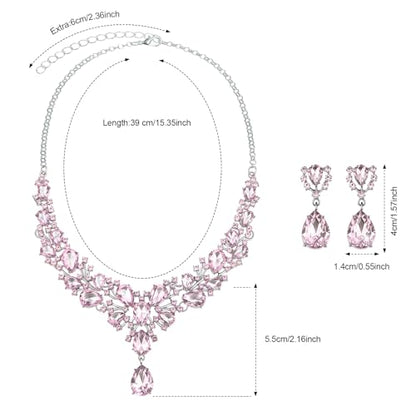 Hicarer Bridal Teardrop Cluster Crystal Jewelry Set for Women Necklace Earrings Wedding - color: Pink