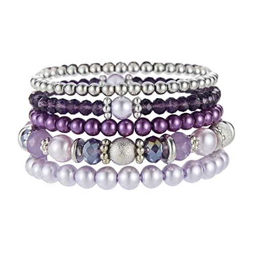 Noessla Beaded Pearl Stretch Bracelet Silver Stackable Crystal Beads Bracelets Trendy Costume Jewelry Mothers Day Gifts for Women - color: Purple