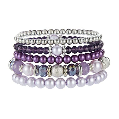 Noessla Beaded Pearl Stretch Bracelet Silver Stackable Crystal Beads Bracelets Trendy Costume Jewelry Mothers Day Gifts for Women - color: Purple