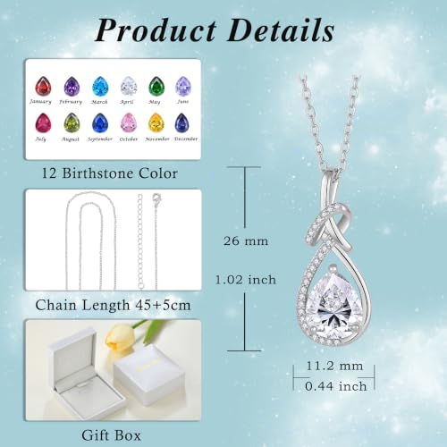 Infinity Teardrop Necklace Silver Tone Pendant Birthstone Jewelry for Women - color: Clear White