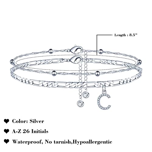 Ankle Bracelets for Women, 14K Gold Plated Dainty Layered Chain CZ Initial Anklets Summer Jewelry Gifts for Women - style: C-Silver