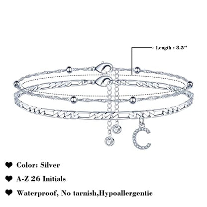 Ankle Bracelets for Women, 14K Gold Plated Dainty Layered Chain CZ Initial Anklets Summer Jewelry Gifts for Women - style: C-Silver