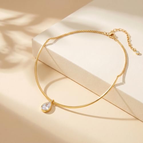 14K Gold Plated Collar Choker Necklace for Women Charm Jewelry | Trendy Dainty Statement Fashion Cubic Zirconia Pendant Necklace - color: 91A