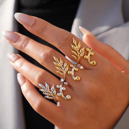 OIDIMS Leaf Statement Rings for Women Stainless Steel Gold-Tone Plated Adjustable Open Finger Band Fashion Plant Branch Leaves Wrap Thumb Ring Boho Stylish Daily Wear Holiday Fashion Jewelry - color: Gold-Tone