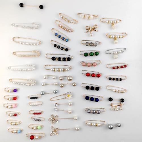 TIHOOD 75PCS Pearl Brooch,Pant Waist Tightener Safety Pin Double Faux Pearl Brooches for Women Girls Fashion Cover Up Buttons Clothing Dresses Decoration Accessories Pant Waist Tightener Safety Pins