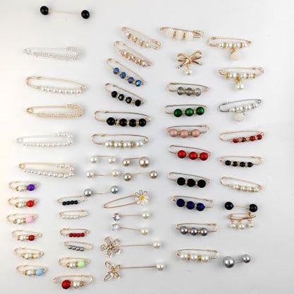 TIHOOD 75PCS Pearl Brooch,Pant Waist Tightener Safety Pin Double Faux Pearl Brooches for Women Girls Fashion Cover Up Buttons Clothing Dresses Decoration Accessories Pant Waist Tightener Safety Pins