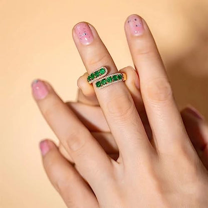 14K Golden Plated Green Crystal Adjustable Open Ring CZ Simulated Emerald Stacking Statement Wrap Finger Bands Rings Sparkling Jewelry Gifts for Women Birthday