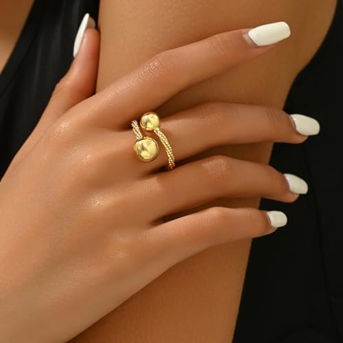 Adjustable Rings for Women 18K Gold Plated daisy Flower Butterfly Ball Cubic Zirconia Rings Dainty Open Stacking Ring - color: Double Ball-Gold