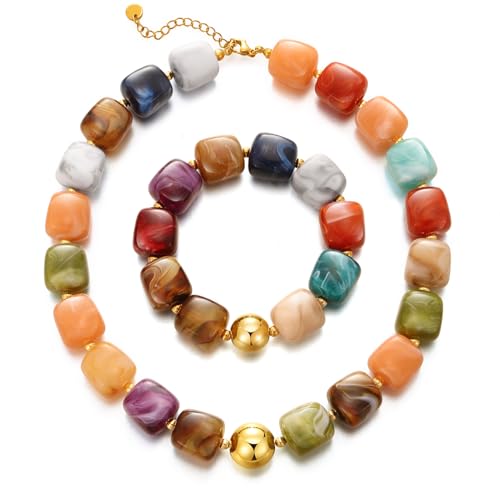 KISS WIFE Colorful Necklace and Bracelet Set for Women, Summer Beach Jewelry, Chunky Resin Square Beaded Choker Necklace, Stretch Acrylic Cube Bead Bracelet, Trendy Dopamine Dressing Jewelry Set